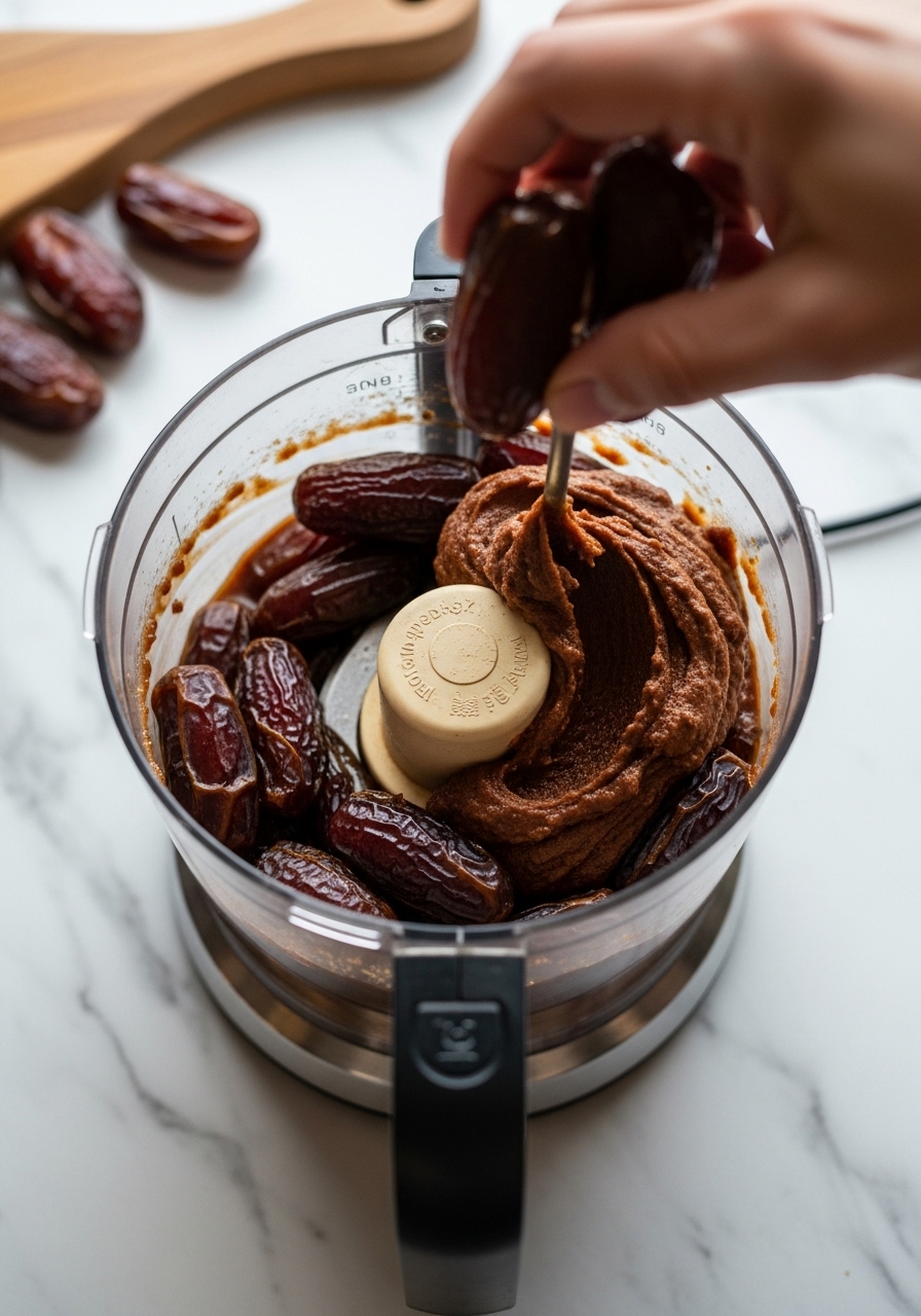 A 3:4 action shot capturing the blending process for the date paste. A food processor bowl is shown, filled with softened Medjool dates and a bit of liquid, mid-blend to form a smooth paste. The scene is set on marble countertops with subtle wood accents, under natural morning light. The focus is on the creamy texture of the date paste, with warm tones and soft shadows creating an inviting atmosphere. No hands visible.