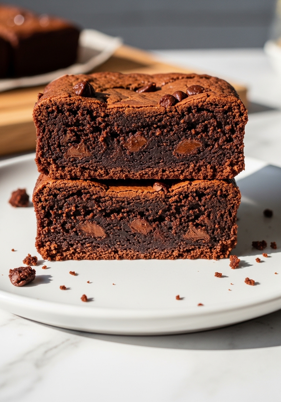 A 3:4 close-up detail shot of the final fudgy date sweetened brownie, cut in half to show its incredibly dense and moist interior. It rests on a minimalist white plate, placed on marble countertops with a glimpse of the wooden cutting board in the soft background. Natural morning light highlights the chocolate chips within and the rich, dark brown color, creating an insanely yummy and appealing visual. A few artful crumbs around the brownie enhance the homemade feel.