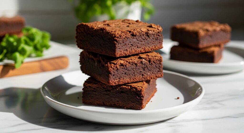 A beautifully composed 16:9 hero shot of a stack of three fudgy date sweetened brownies on a minimalist white plate, placed on marble countertops with subtle wood accents. Natural morning light casts soft shadows. Fresh green herbs are visible in the soft background, adding a touch of vibrant color to the warm tones. The brownies are rich and dark, with a glistening, slightly crackled top, emphasizing their mouth-watering, fudgy texture. Clean and tidy presentation.