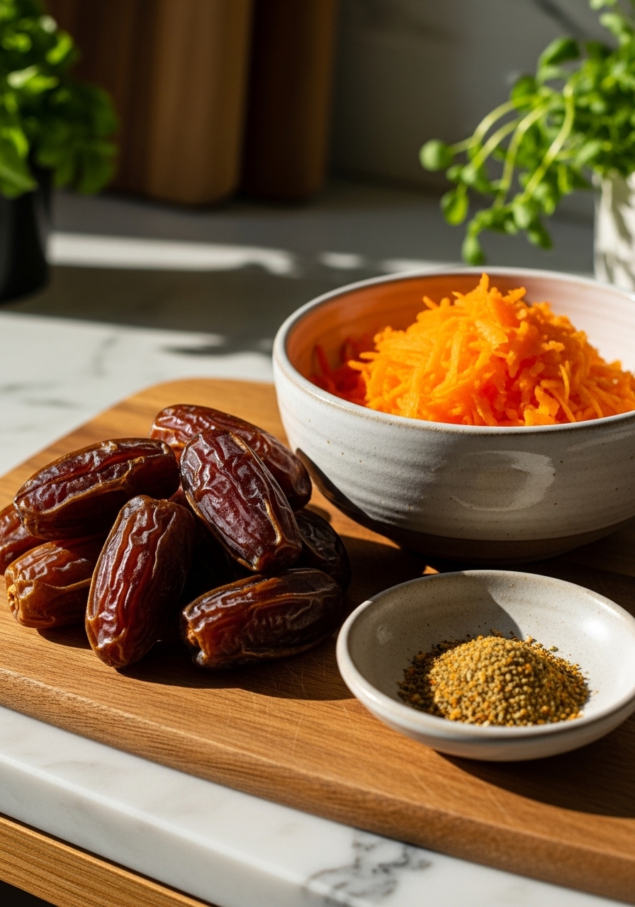 A close-up of a small pile of pitted Medjool dates, a ceramic bowl of freshly grated carrots, and a spice blend in a small ceramic dish, all arranged on the wooden cutting board. Natural morning light illuminates the marble countertops with wood accents, and soft shadows enhance the warm tones. Fresh herbs are visible in the background.