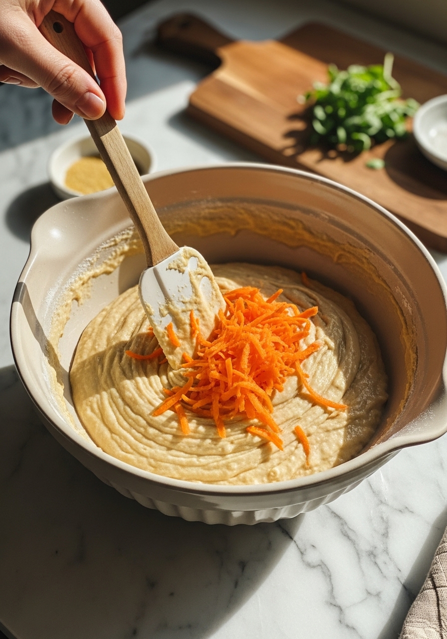 A warm, inviting scene of a batter for date sweetened carrot loaf being gently folded in a large ceramic bowl on the marble countertops. A wooden spatula is midway through folding in grated carrots. Natural morning light from the east window highlights the textures, with soft shadows and warm tones. The wooden cutting board and fresh herbs are visible in the background.