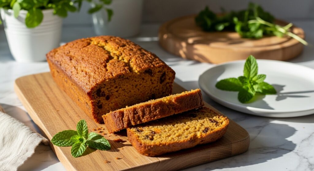 A beautifully baked and sliced date sweetened carrot loaf, golden brown and moist, resting on the wooden cutting board. A few fresh mint leaves are artfully placed nearby on a minimalist white plate. Natural morning light casts soft shadows across the marble countertops with wood accents. The scene is clean, tidy, and has warm tones, with fresh herbs visible in the background, exuding appetite appeal.