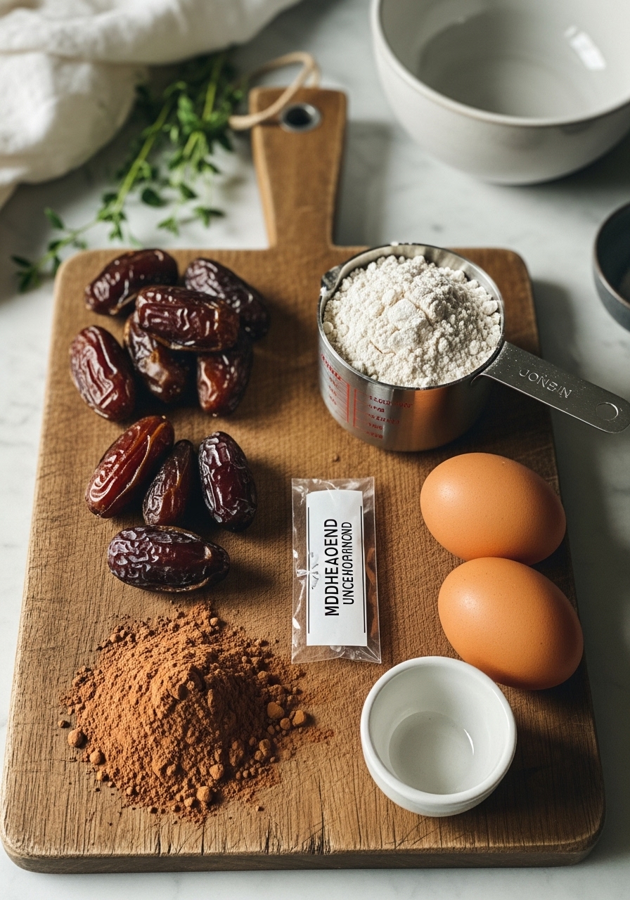 A rustic, artfully arranged flat lay of key ingredients for date sweetened chocolate cake: plump Medjool dates, a small pile of unsweetened cocoa powder, a measuring cup of flour, and eggs. They are neatly placed on the same wooden cutting board, with fresh herbs and a minimalist ceramic bowl in the background. Natural morning light highlights the textures on the marble countertops, creating soft shadows and a warm, inviting tone. No hands.
