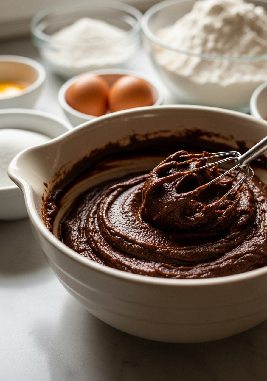 A close-up action shot focusing on a creamy, dark date paste being gently mixed in a ceramic bowl, showcasing its smooth, luscious texture. Other cake ingredients are subtly blurred in the background on the marble countertop. The scene is bathed in natural morning light from an east window, with soft shadows and warm tones, implying the love for the process without showing any human presence. No hands.