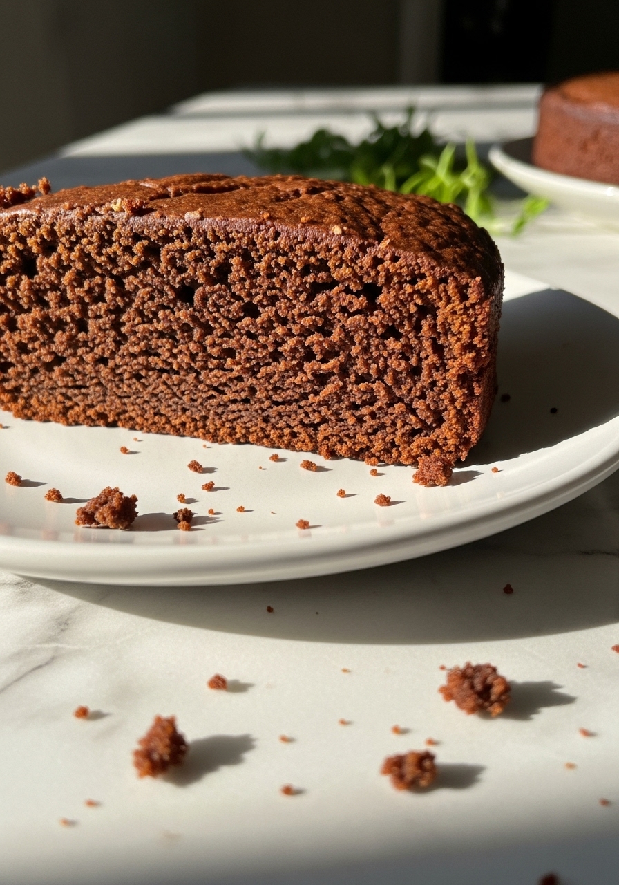 An inviting close-up detail shot of a cross-section of a slice of the finished healthy date sweetened chocolate cake, resting on a minimalist white plate. The focus is on the moist, tender crumb and rich, dark chocolate color, with a few artful crumbs scattered around the plate. Natural morning light creates lovely highlights and soft shadows on the marble countertop, with a hint of fresh herbs visible in the background. The presentation is clean and tidy, evoking deliciousness. No hands.