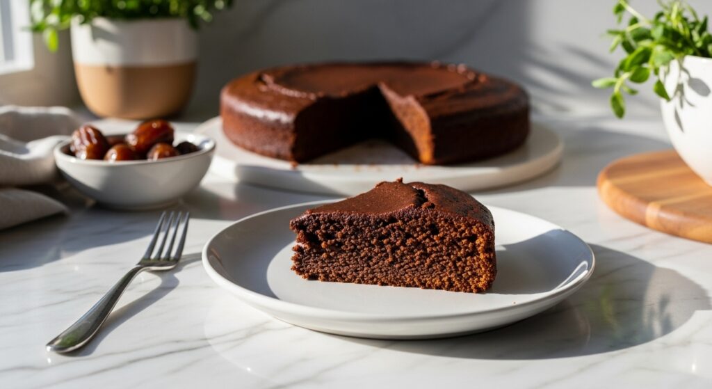 A beautifully plated slice of healthy date sweetened chocolate cake on a minimalist white plate, with a larger, whole cake slightly out of focus in the background, all arranged on marble countertops with subtle wood accents. Natural morning light streams in from an east window, casting soft shadows. Fresh herbs are visible in a ceramic bowl in the background, adding a touch of green. The cake is moist and deliciously appealing, with a clean and tidy presentation, evoking warmth and comfort. No hands.