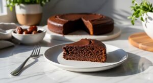A beautifully plated slice of healthy date sweetened chocolate cake on a minimalist white plate, with a larger, whole cake slightly out of focus in the background, all arranged on marble countertops with subtle wood accents. Natural morning light streams in from an east window, casting soft shadows. Fresh herbs are visible in a ceramic bowl in the background, adding a touch of green. The cake is moist and deliciously appealing, with a clean and tidy presentation, evoking warmth and comfort. No hands.