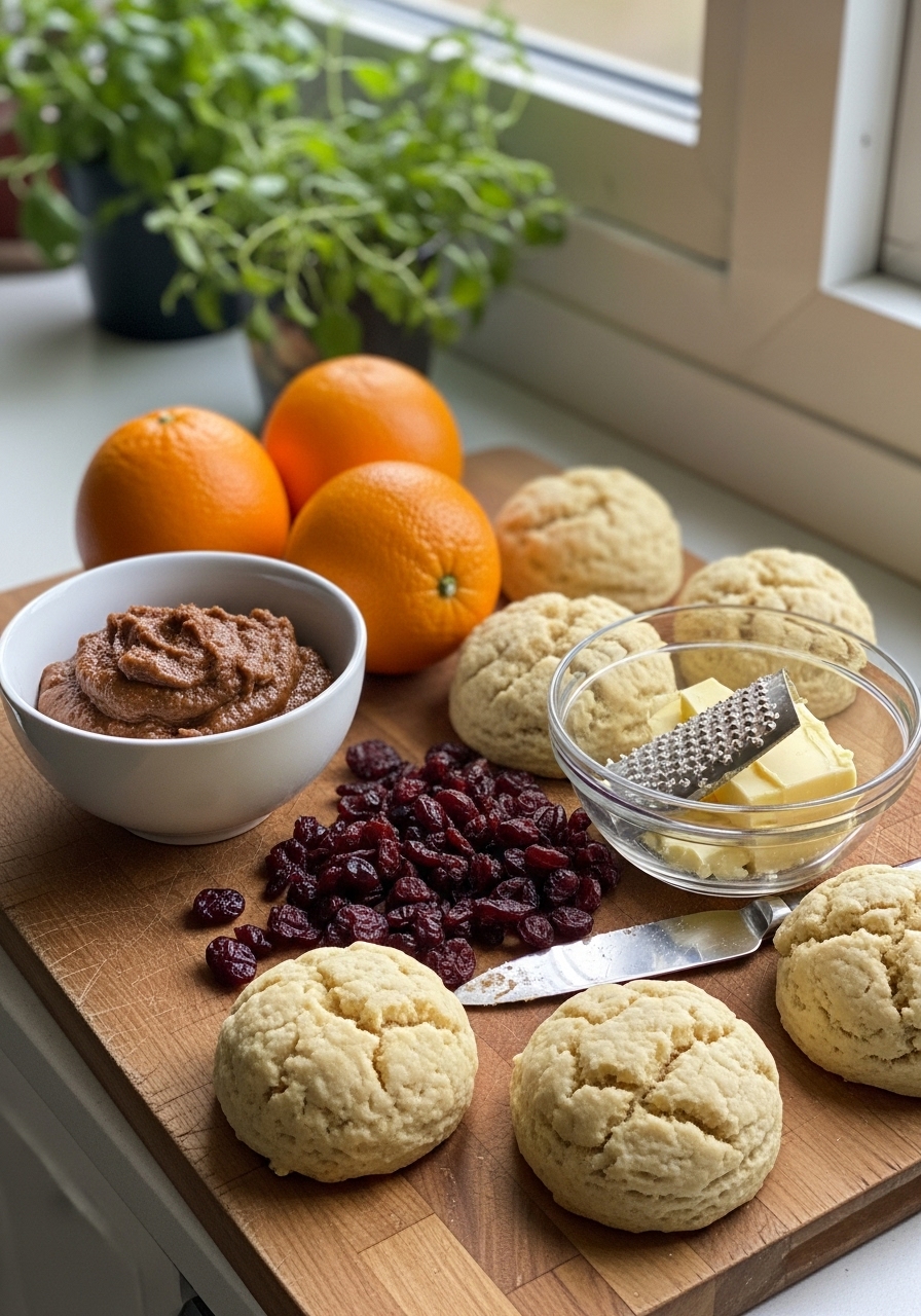 Key ingredients for Date-Sweetened Orange Cranberry Scones artfully arranged on the wooden cutting board, including fresh oranges, dried cranberries, a bowl of blended date paste, and grated cold butter, bathed in natural morning light from the east window. Fresh herbs are visible in the background, with the scene appearing clean and tidy.