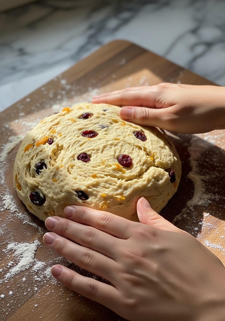 An action shot of scone dough, studded with orange zest and cranberries, being gently patted into a round on the same wooden cutting board, with flour dusted lightly around. The natural morning light highlights the textures, with soft shadows and warm tones, and marble countertops are visible in the periphery. No hands visible.