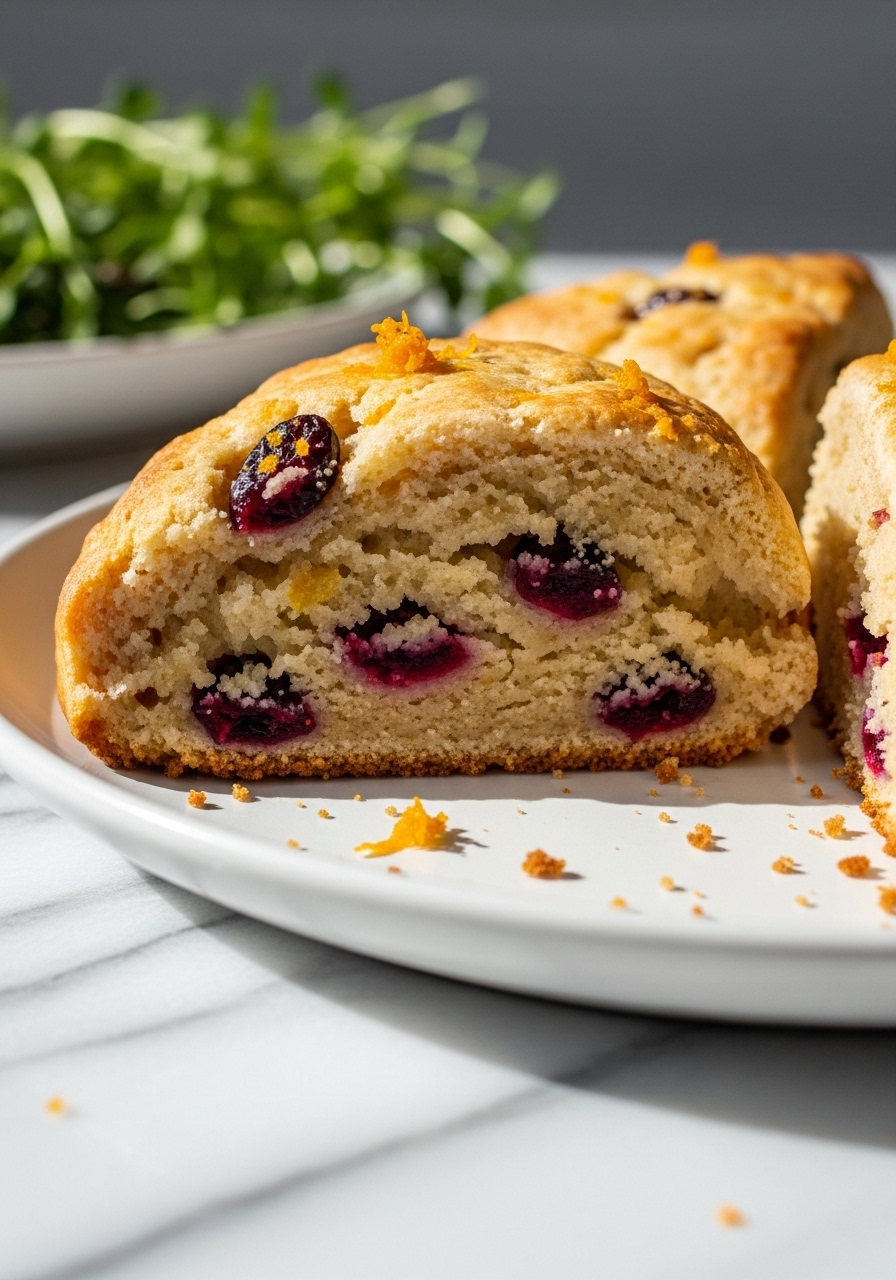 A close-up detail shot of a freshly baked Date-Sweetened Orange Cranberry Scone, sliced open to reveal its moist, tender crumb and the vibrant flecks of cranberries and orange zest. The scone rests on a minimalist white plate on marble countertops, with natural morning light and soft shadows creating an inviting atmosphere. Fresh herbs are subtly blurred in the background, showcasing the deliciously appealing texture.
