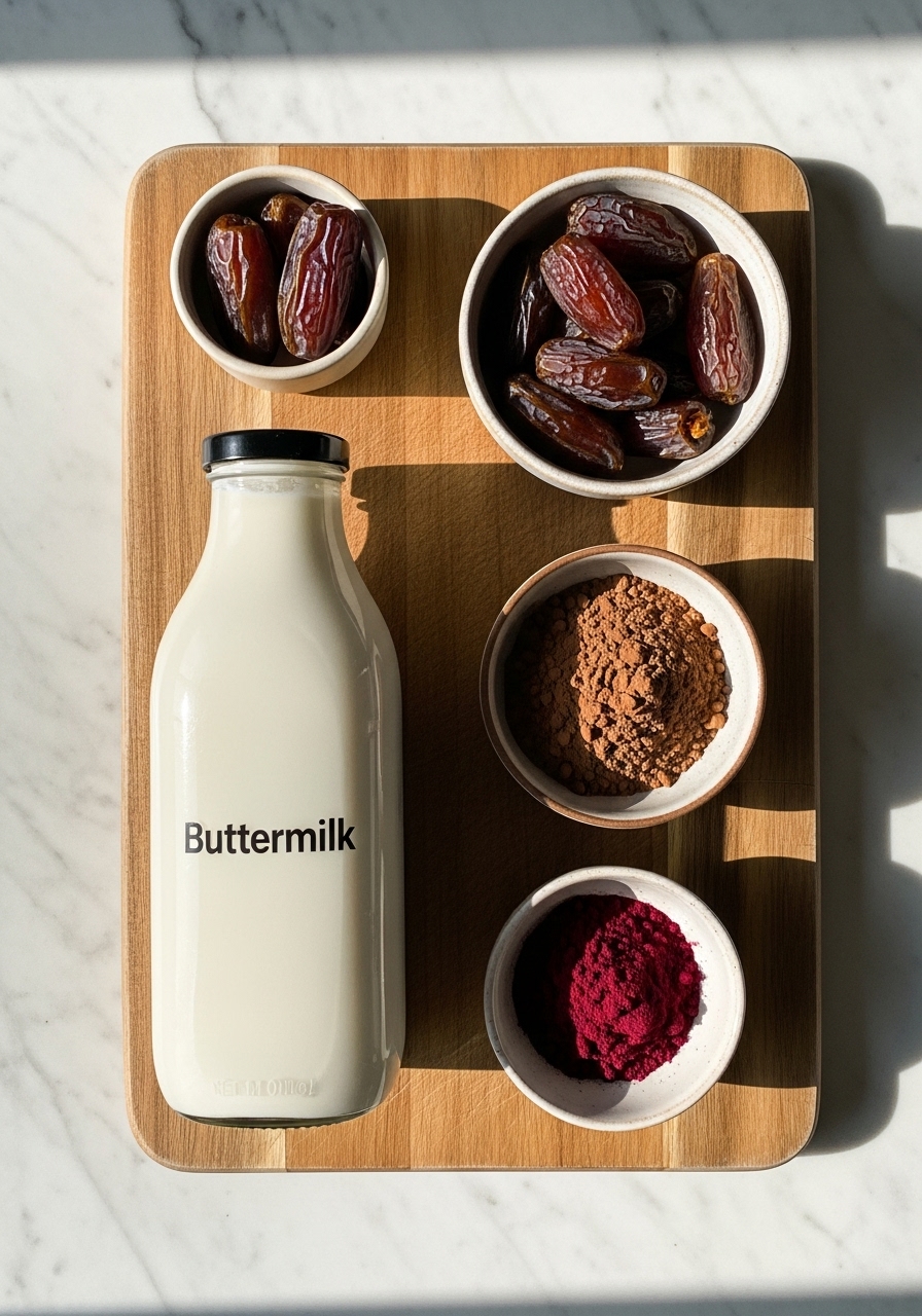 An overhead shot of key ingredients for Date-Sweetened Red Velvet Muffins neatly laid out on the same wooden cutting board. This includes a small ceramic bowl of pitted Medjool dates, a scoop of cocoa powder, a bottle of buttermilk, and a small bowl of beet powder. Natural morning light casts soft shadows, highlighting the fresh, clean textures against the marble countertops.