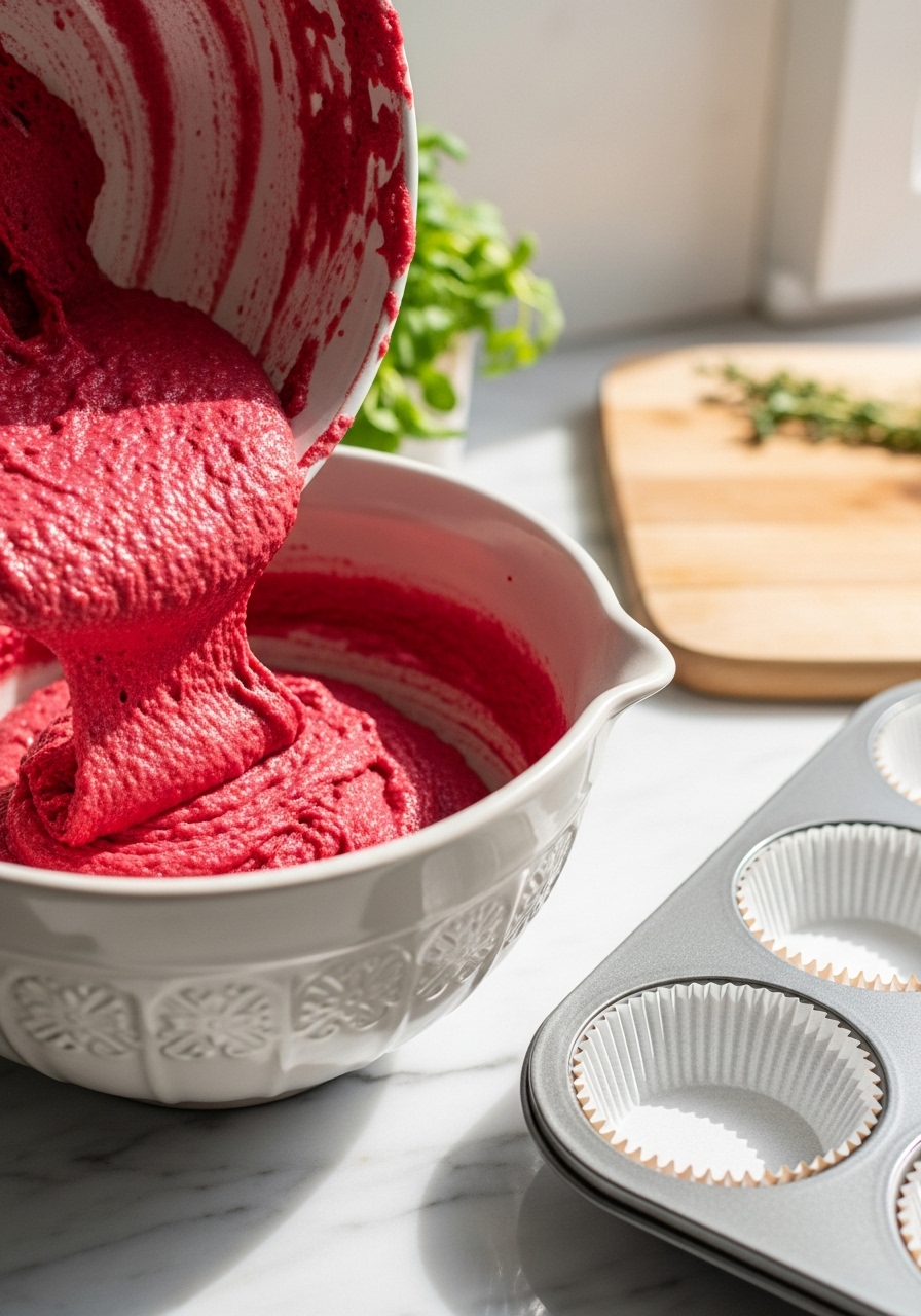 An action shot focusing on a bowl of vibrant red muffin batter, beautifully mixed but with a few small lumps visible, showcasing the rich texture. The ceramic mixing bowl rests on marble countertops, surrounded by subtle wood accents. The batter is being poured into muffin liners in a baking tray, catching the natural morning light. Fresh herbs are visible in the soft background, and the same wooden cutting board is subtly in view, adding warmth to the clean and tidy scene.