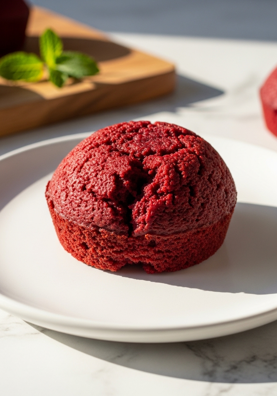 A close-up, mouth-watering detail shot of a single, perfectly domed Date-Sweetened Red Velvet Muffin sitting on a minimalist white plate. The camera angle emphasizes the incredibly moist crumb and the rich red color peeking through a crack. Soft shadows highlight the texture, with warm tones under natural morning light from the east window. The corner of the wooden cutting board and a tiny sprig of fresh mint are subtly visible in the background, reinforcing the clean and tidy presentation on marble countertops.