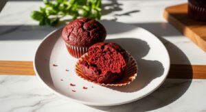 A beautifully arranged flat lay of a minimalist white plate holding two perfectly baked, deliciously appealing Date-Sweetened Red Velvet Muffins, one broken open to show its moist, rich red interior. The plate rests on marble countertops with a subtle wood accent visible, bathed in natural morning light. Fresh herbs, like a small sprig of mint or basil, are artfully blurred in the soft shadows of the background, along with the corner of the same wooden cutting board. The scene is clean, tidy, and has warm tones.