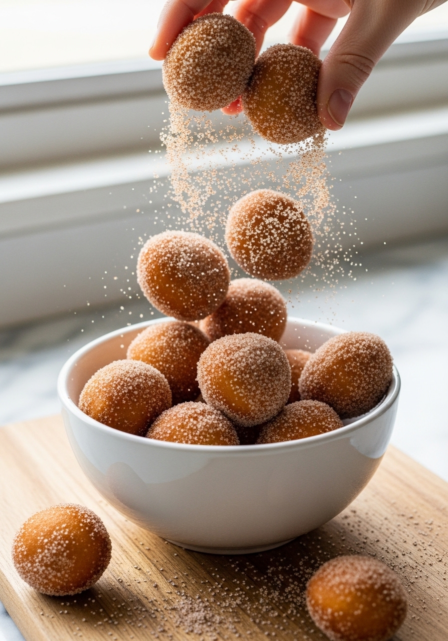 A close-up action shot of freshly fried, golden brown easy homemade donut holes being gently tossed in a minimalist white ceramic bowl of cinnamon sugar, creating delightful sugary texture. The warm donut holes are visibly coated with sugar, with a few artful crumbs on the wooden cutting board set on marble countertops, bathed in natural morning light from an east window. NO HANDS.