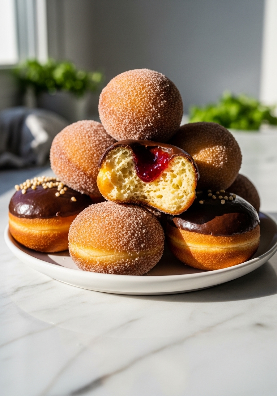 A mouth-watering close-up of a small stack of various easy homemade donut holes (golden brown, cinnamon sugar, chocolate glazed, and a few with a dollop of vibrant red jam) on a minimalist white plate, with one donut hole broken open to showcase its insanely yummy, airy interior. The entire scene is bathed in natural morning light from an east window on marble countertops, with a hint of fresh herbs in the background and soft shadows. NO HANDS.