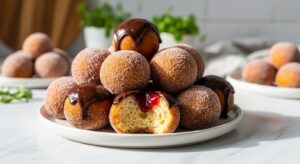 A visually stunning, slightly elevated shot of a generous pile of golden brown, sugar-coated, chocolate-glazed, and jam-topped easy homemade donut holes on a minimalist white plate, with one broken open revealing its fluffy interior. The delicious composition is bathed in natural morning light streaming from an east window on marble countertops, with subtle wood accents and fresh herbs softly blurred in the background, exuding warmth and delicious appeal. NO HANDS.