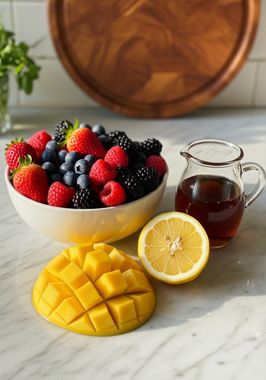A 3:4 shot of key ingredients for fruit leather: a bowl of fresh, ripe berries, a sliced mango, a bright yellow lemon, and a small jug of maple syrup, artfully arranged on the marble countertops. The scene is bathed in natural morning light, with the signature wooden cutting board subtly in the background and fresh herbs visible, maintaining a clean and tidy aesthetic with warm tones.