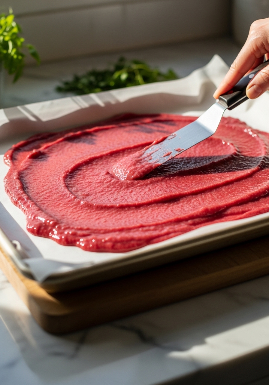A 3:4 action shot close-up of vibrant fruit puree being expertly spread thinly and evenly onto a parchment-lined baking sheet using an offset spatula. The baking sheet rests on the wooden cutting board on marble countertops, under natural morning light. Soft shadows play across the scene, highlighting the smooth texture of the puree and the preparation process. Fresh herbs are visible in the soft-focus background.