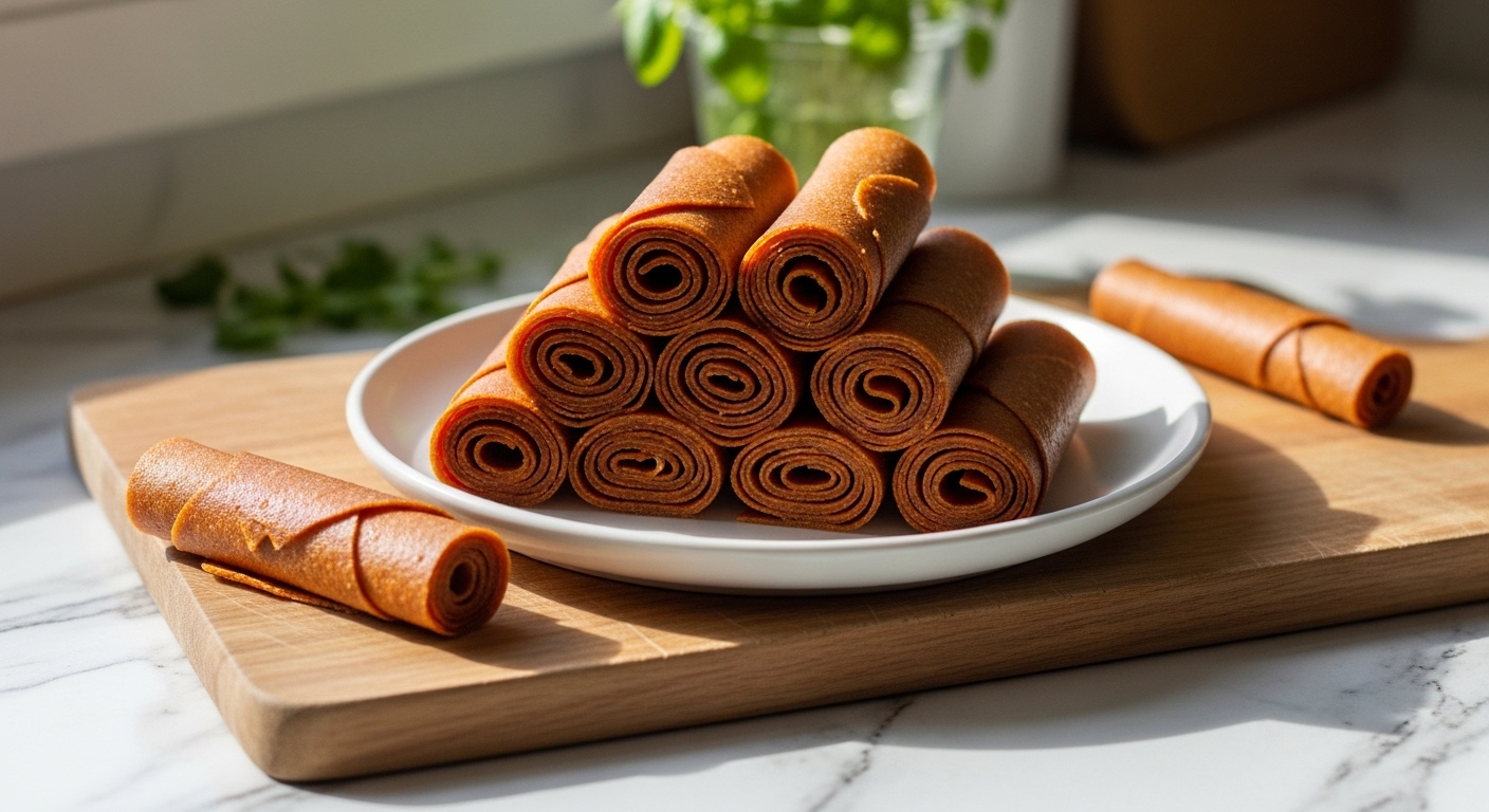 A beautifully composed 16:9 hero shot of vibrant Homemade Fruit Leather Roll-Ups, spiraled and neatly arranged on a minimalist white plate, set on a wooden cutting board on marble countertops. Natural morning light streams in from an east window, casting soft shadows. Fresh green herbs are visible in the background, adding a touch of freshness. The scene is clean, tidy, and has warm tones, exuding a genuine love for homemade food.