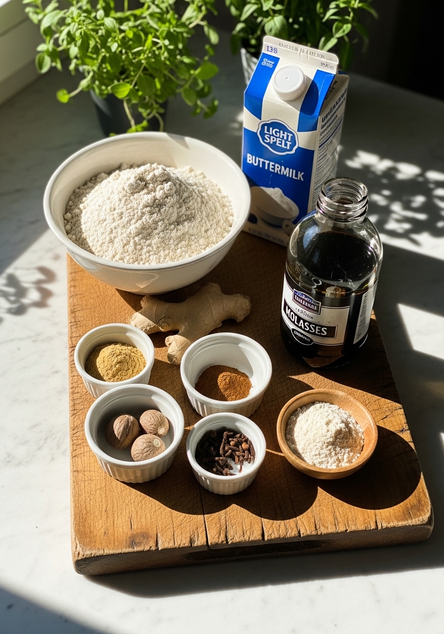 A rustic 3:4 flat lay of key ingredients for Gingerbread Pancakes laid out on the well-loved wooden cutting board, including a bowl of light spelt flour, small bowls of ground ginger, cinnamon, cloves, nutmeg, a bottle of molasses, and a carton of buttermilk. Fresh herbs are visible in the background, bathed in soft, natural morning light from the east window, on a marble countertop with warm tones and soft shadows.
