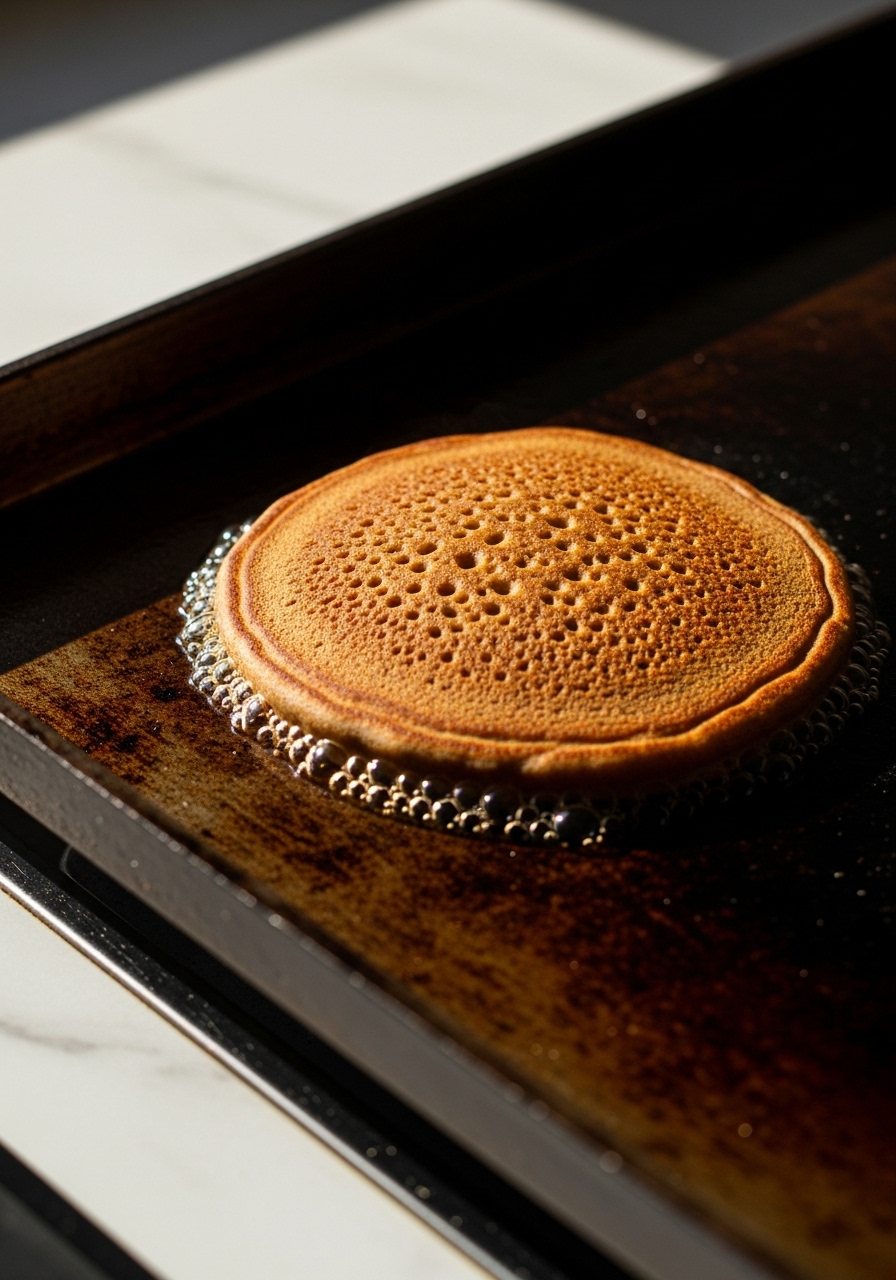 A close-up 3:4 action shot of a single Gingerbread Pancake sizzling gently on a hot, buttered griddle, with small, perfect bubbles forming on its surface, indicating it's almost ready to flip. The griddle sits on a clean marble countertop under warm, natural morning light, casting soft shadows. The scene feels authentic and inviting, capturing the anticipation of deliciousness.