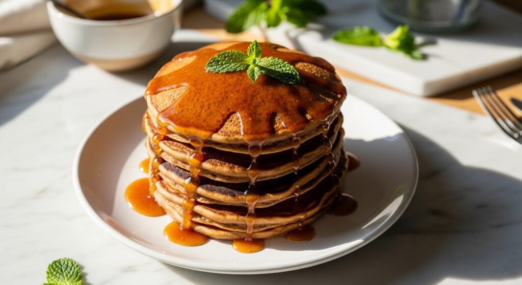 A beautifully composed 16:9 overhead shot of a generous stack of golden-brown Gingerbread Pancakes, drizzled with glossy spiced maple glaze. A few fresh mint leaves are artfully placed on top for garnish. The pancakes are on a minimalist white plate, resting on a clean marble countertop with subtle wood accents in the background, bathed in natural morning light, creating soft shadows and warm tones. A ceramic bowl with extra glaze is subtly visible in the soft-focused background, alongside a hint of fresh herbs, all reflecting a clean and tidy, yet lived-in kitchen aesthetic.