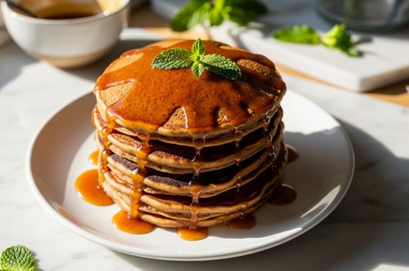 Cozy Gingerbread Pancakes with Spelt Flour + Spiced Maple Glaze