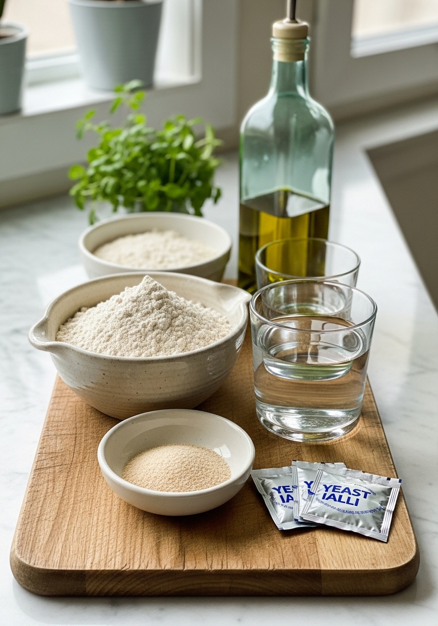 A rustic collection of key ingredients for Gluten Free Artisan Rolls laid out neatly on a wooden cutting board: a ceramic bowl filled with gluten-free flour, a small dish of psyllium husk powder, a glass of warm water, yeast packets, and a bottle of olive oil, all bathed in natural morning light on marble countertops with fresh herbs visible in the background. No hands.