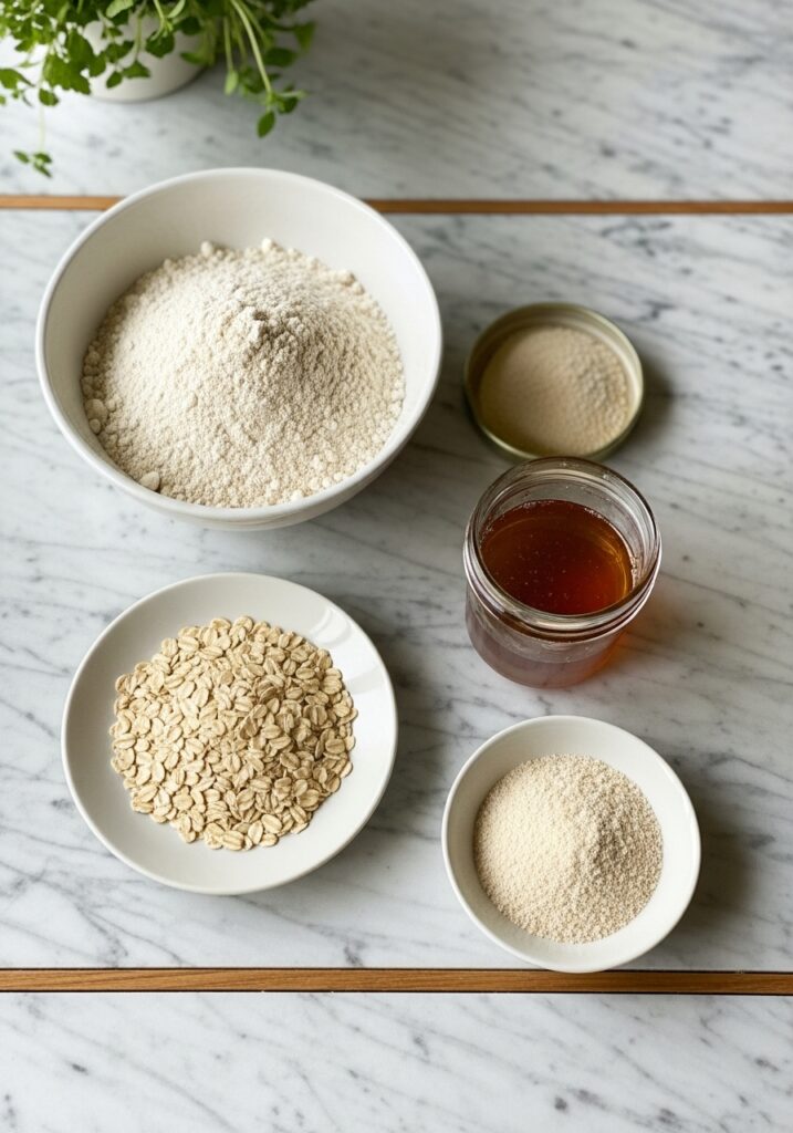 gluten free bread recipe A 3:4 overhead shot of key ingredients for honey oat gluten-free bread laid out on the marble countertops with subtle wood accents. Ingredients include a bowl of gluten-free flour, a small dish of rolled oats, honey in a jar, and psyllium husk powder, all neatly arranged under natural morning light. Fresh herbs are visible in the soft-focused background. No hands or people are visible.