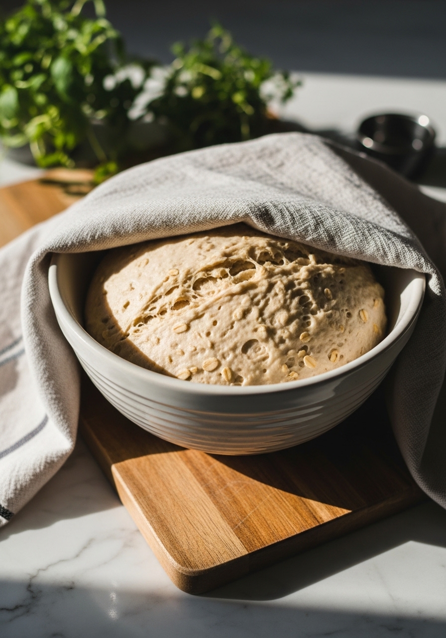 A 3:4 action shot of honey oat gluten-free bread dough, visibly rising in a ceramic bowl, gently covered with a clean kitchen towel, resting on the wooden cutting board on marble countertops. Natural morning light creates soft shadows, highlighting the dough's texture and potential. Fresh herbs are present in the background. No hands or people are visible.
