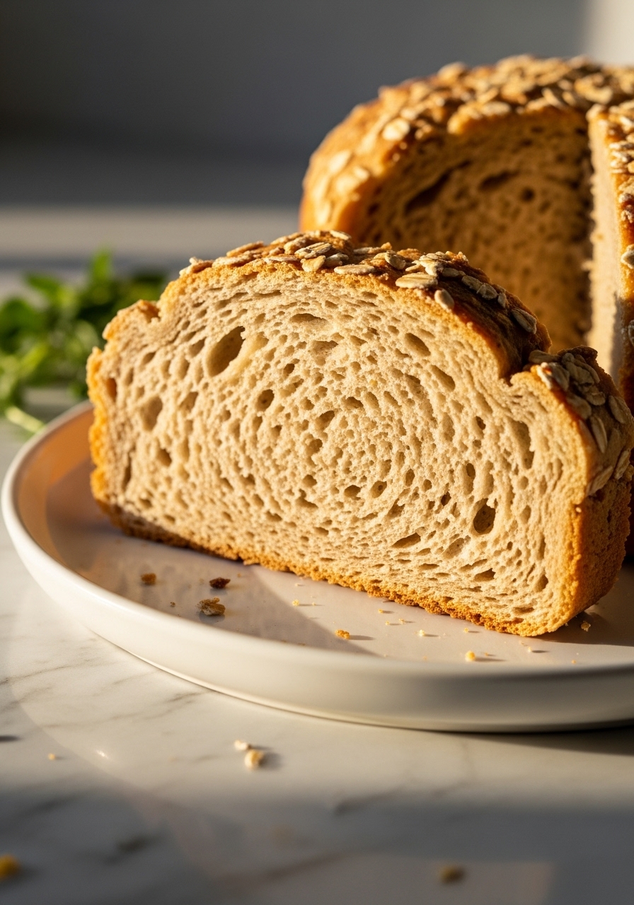 A 3:4 close-up detail shot of a slice of the baked honey oat gluten-free sandwich bread, showcasing its soft, airy crumb and golden crust. The slice rests on a minimalist white plate on the marble countertop, with natural morning light creating warm tones and soft shadows. Fresh herbs are subtly visible in the background. No hands or people are visible.