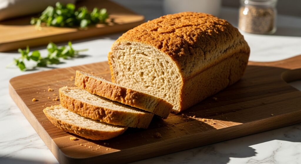 A beautiful 16:9 hero shot of a golden-brown, baked honey oat gluten-free sandwich bread loaf, perfectly sliced, resting on the same wooden cutting board. A few fresh herbs are visible in the background on the marble countertops. The scene is bathed in natural morning light, casting soft shadows, with warm tones and a clean, tidy presentation. No hands or people are visible.
