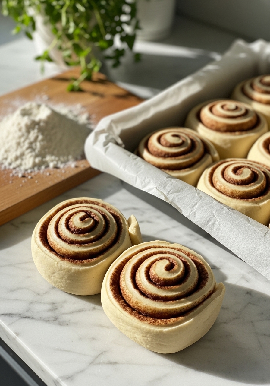 A close-up action shot of unbaked gluten free cinnamon rolls being arranged cut-side up in a baking dish on marble countertops. The dough shows distinct swirls of cinnamon filling, with a light dusting of gluten free flour on the wooden cutting board nearby. The scene is illuminated by natural morning light, with soft shadows, warm tones, and fresh herbs visible in the background. No hands or people.