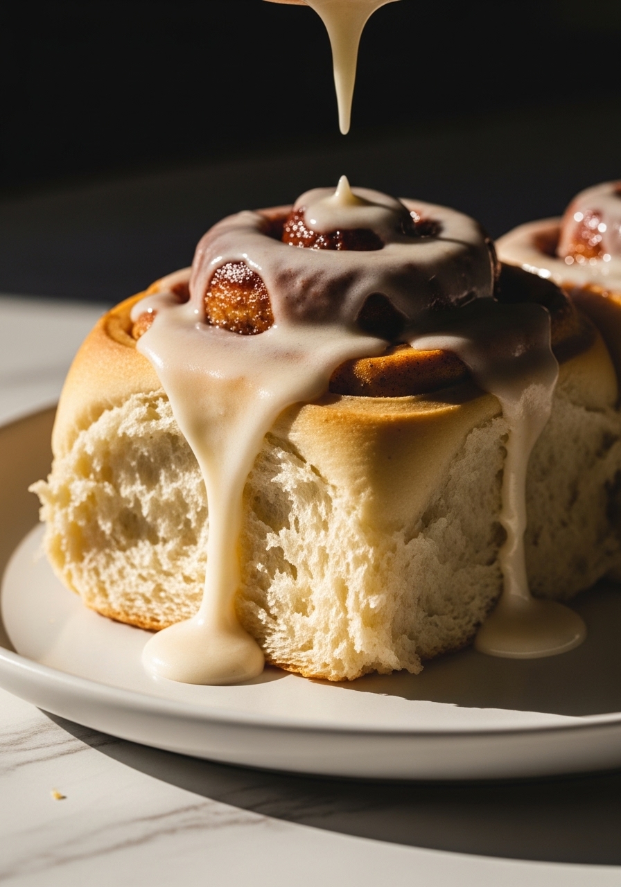 An extreme close-up detail shot of a warm, glistening gluten free cinnamon roll, showcasing the creamy texture of the melted frosting dripping slightly, the visible cinnamon swirl, and the fluffy, tender interior. It's placed on a minimalist white plate, with the natural morning light highlighting its delicious appeal. Soft shadows and warm tones enhance the cozy feel, with subtle hints of the marble countertop. No hands or people.