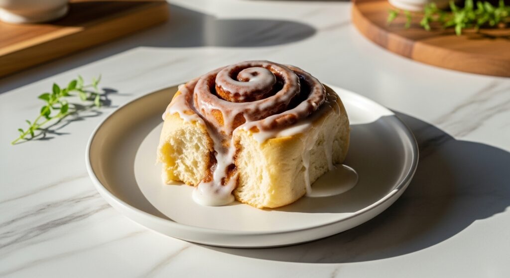 A beautifully plated warm, generously frosted gluten free cinnamon roll on a minimalist white plate, captured with natural morning light on marble countertops with wood accents in the background. Fresh herbs are subtly visible, creating soft shadows and warm tones. The presentation is clean, tidy, and inviting, showcasing the gooey center and golden-brown exterior. No hands or people.