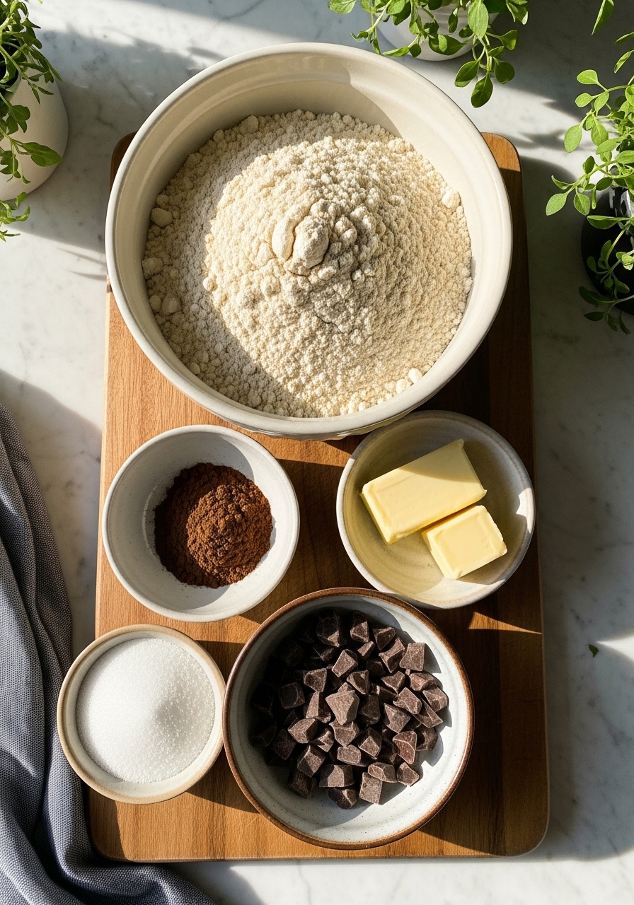 An inviting flat lay of key ingredients for Gluten-Free Espresso Thumbprint Cookies: a ceramic bowl filled with gluten-free flour blend, a small bowl of instant espresso powder, a stick of butter, sugar, and dark chocolate chunks, neatly arranged on the wooden cutting board on marble countertops. Fresh herbs are in the background, all illuminated by warm, natural morning light, creating soft shadows.