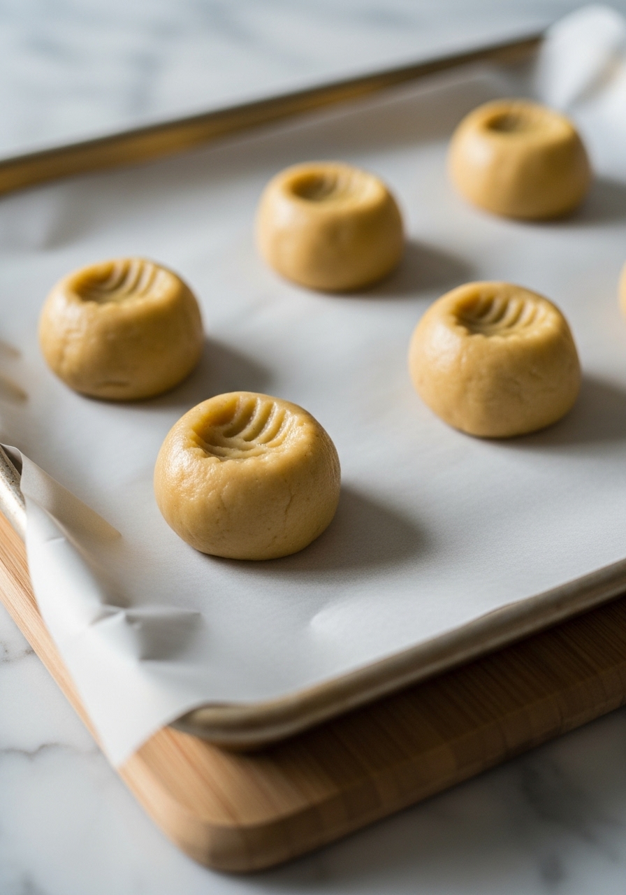 An action shot focusing on the shaping process: several unbaked cookie dough balls, perfectly rounded, with a deep thumbprint indentation in their center, resting on parchment paper on a baking sheet. The baking sheet is placed on the wooden cutting board on marble countertops, ready to go into the oven. Natural morning light creates gentle highlights and shadows, showcasing the soft dough texture.