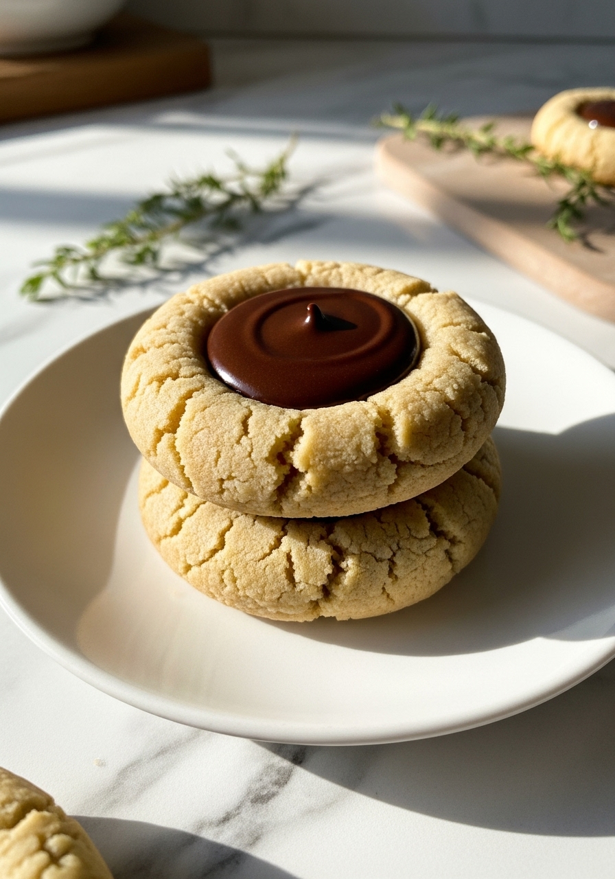 A close-up detail shot of a stack of two freshly baked Gluten-Free Espresso Thumbprint Cookies on a minimalist white plate. The focus is on the rich, dark chocolate ganache filling, which is slightly glossy and perfectly set in the thumbprint. The cookie edges are a light golden brown, revealing a tender, chewy texture. The plate is on marble countertops with a hint of wood accent and fresh herbs in the soft, warm glow of natural morning light.