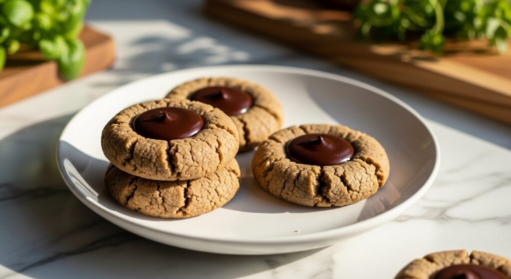 A beautifully composed hero shot of three Gluten-Free Espresso Thumbprint Cookies, two stacked and one beside, on a minimalist white plate. The rich dark chocolate ganache glistens in the center of each cookie, highlighting the chewy cookie texture. The plate rests on marble countertops with subtle wood accents in the background, fresh green herbs are softly visible, all bathed in warm, natural morning light from an east window. Soft shadows enhance the inviting atmosphere, with a clean and tidy presentation.