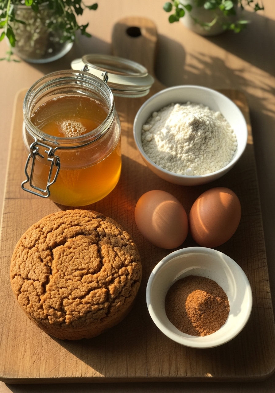 A flat lay overhead shot showcasing the key ingredients for gluten free honey cake: a jar of golden honey, a small bowl of gluten-free flour, eggs, and a small ceramic bowl of ground cinnamon. All neatly arranged on the same wooden cutting board, bathed in natural morning light, with fresh herbs visible in the soft-focused background. No hands visible.