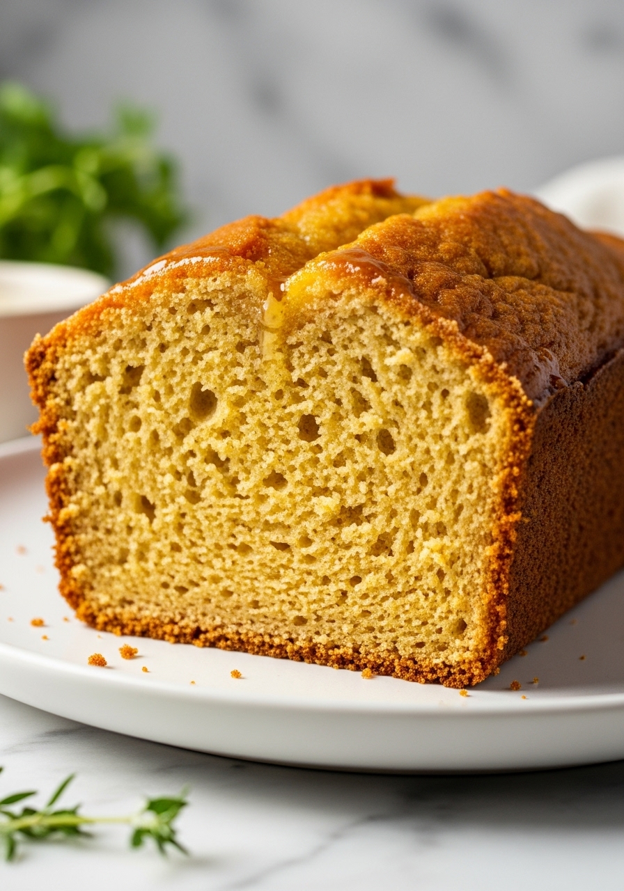 A close-up, mouth-watering detail shot of a slice of the finished gluten free honey cake loaf, revealing its incredibly soft, moist crumb texture and rich golden color. A hint of glistening honey might be on the cut surface. It is resting on a minimalist white plate, with fresh herbs slightly blurred in the background, all bathed in natural morning light on marble countertops. No hands visible.