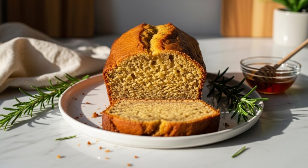 A beautifully baked, golden brown gluten free honey cake loaf, perfectly sliced to reveal its moist, tender crumb. It is presented on a minimalist white plate, with a few fresh rosemary sprigs and a small bowl of honey nearby. The scene is bathed in natural morning light from an east window, highlighting the marble countertops with subtle wood accents in the background. Soft shadows and warm tones enhance the inviting, clean, and tidy presentation. No hands visible.