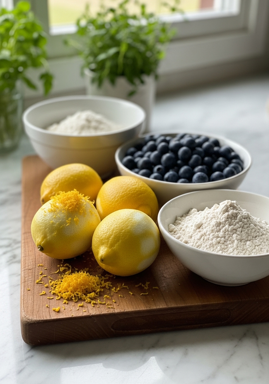 A 3:4 close-up shot of the key ingredients laid out neatly on the wooden cutting board on marble countertops: fresh lemons with their bright zest visible, a bowl of plump blueberries, and a bowl of gluten-free flour. Natural morning light from the east window illuminates the scene, with soft shadows and fresh herbs in the background.