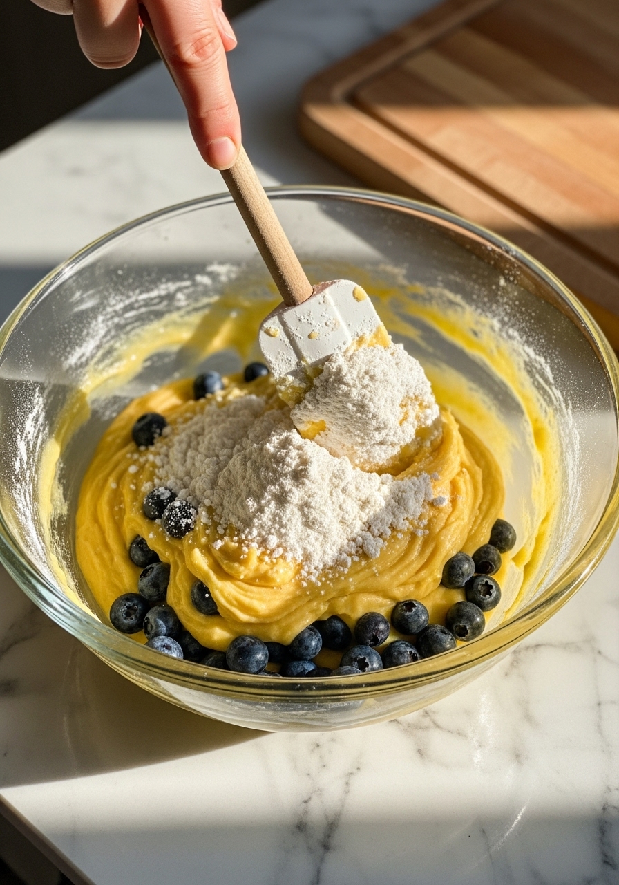 A 3:4 action shot from a slight angle, focusing on a mixing bowl on marble countertops where the gluten-free batter is being gently folded. A wooden spoon or spatula is midway through folding in the floured blueberries into the bright yellow lemon batter. Natural morning light creates warm tones and soft shadows. The wooden cutting board is subtly visible in the background.