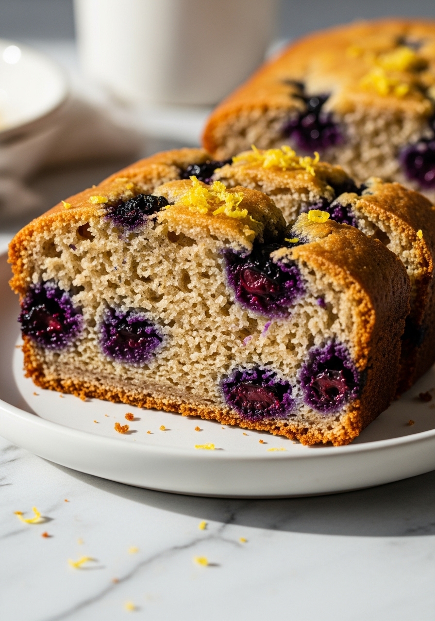 A 3:4 close-up detail shot of a slice of Gluten Free Lemon Blueberry Bread on a minimalist white plate, showcasing its incredibly moist, tender crumb and the juicy, burst blueberries. A delicate sprinkle of lemon zest adds freshness. The marble countertop is visible, along with hints of natural morning light and soft shadows, making the bread look insanely yummy and appealing.