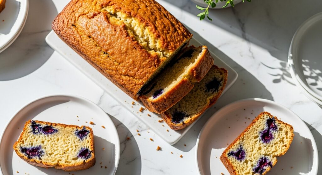 A beautiful 16:9 overhead shot of a perfectly baked, golden brown Gluten Free Lemon Blueberry Bread loaf, sliced with a few pieces artfully arranged on minimalist white plates on marble countertops. Natural morning light spills from an east window, casting soft shadows. Fresh herbs are visible in the background, out of focus. The scene is clean and tidy with warm tones.
