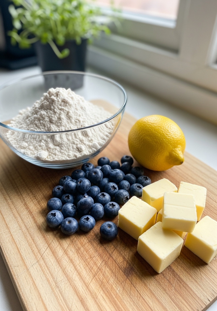 A 3:4 flat lay of the key ingredients for Gluten-Free Lemon Blueberry Scones: a bowl of gluten-free flour, fresh vibrant blueberries, a bright yellow lemon, and cold butter cubes, all neatly arranged on the same wooden cutting board. Natural morning light floods the scene from an east window, highlighting the textures. Fresh herbs are visible in a small pot in the soft-focused background, creating a tidy and warm atmosphere. NO HANDS.