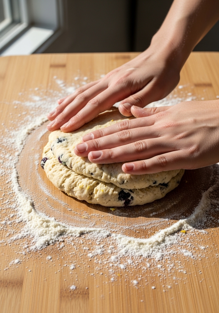 A 3:4 action shot capturing the delicate process of pressing Gluten-Free Lemon Blueberry Scone dough into a 7-inch disc on the same wooden cutting board, lightly dusted with gluten-free flour. The dough is shaggy and just formed, revealing hints of blueberries and lemon zest. Natural morning light from an east window creates gentle highlights and soft shadows. The scene is clean, tidy, and focuses on the beauty of the preparation. NO HANDS.
