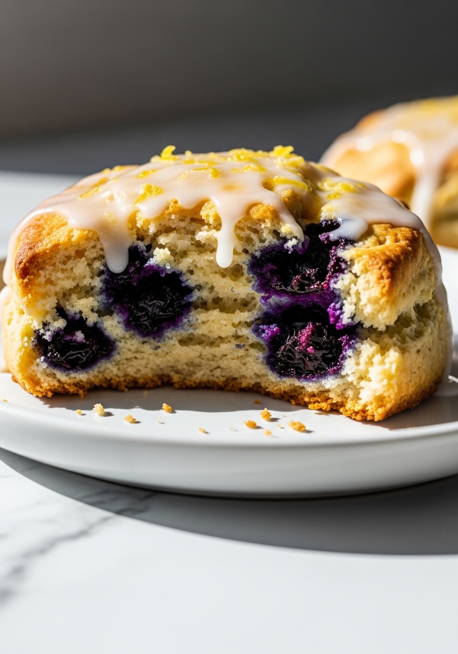 A 3:4 close-up detail shot of a warm, perfectly golden-brown Gluten-Free Lemon Blueberry Scone, gently split to reveal its tender crumb and juicy baked blueberries. A delicate, zesty lemon glaze glistens on top, some of it still softly dripping. The scone is resting on a minimalist white plate, which is on the marble countertop, bathed in natural morning light. Soft shadows and warm tones enhance the irresistible, homemade appeal. NO HANDS.